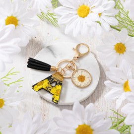 MWOOT Initial keychain, Initial Resin Letter A keychain, Cute Car Keyring, Black Key Chain with Tassel Pendant, Keyrings Daisy Keychains for women,Alphabet Keychains for Purse Handbags Charm (A)