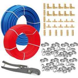 GUOFIS PEX-B Pipe/PEX Fittings Kit,1/2 Inch 2 Rolls Blue & Red Each 100 Feet (200 ft) PEX Tubing Pipes with 30 Pcs 1/2-inch Barb Crimp Brass Fittings,100 Pcs Stainless Steel Cinch Clamps,Pipe Cutter