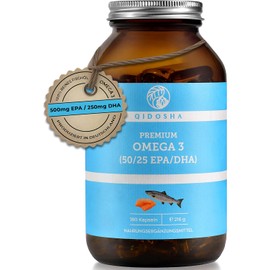 QIDOSHA Omega 3 Fish Oil Capsules with EPA and DHA, High Dose, 180 Pieces in a Glass, 1000 mg Premium Fish Oil (TG) with 500 mg EPA and 250 mg DHA, Omega 3 Fatty Acids from Sustainable Fishing, without Vitamin E