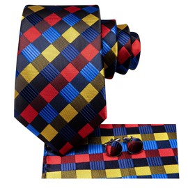 Hi-Tie Mens Plaid Ties Classic Paisley Necktie with Handkerchief Cufflinks Set Business Stripe Tie,Red Yellow Blue