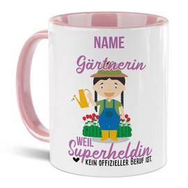 Tassendruck Berufe-Tasse mit Name personalisiert - Gärtnerin weil Superheldin kein Beruf ist - Geschenk für Kollegin zum Geburtstag | Personalisierte Geschenke, Innen & Henkel Rosa, 300 ml