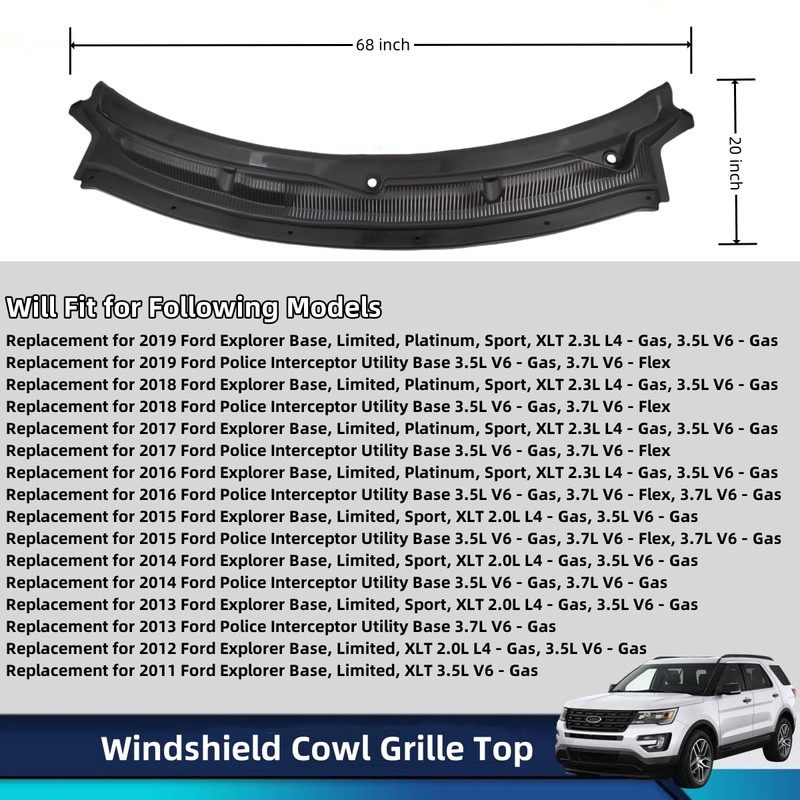 Black Windshield Wiper Cowl Grille Top Replacement for Ford Explorer