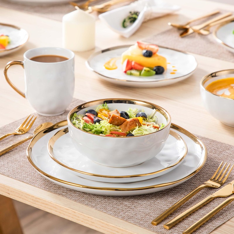 LOVECASA 16 Pieces Plates and Bowls Sets, Porcelain White and