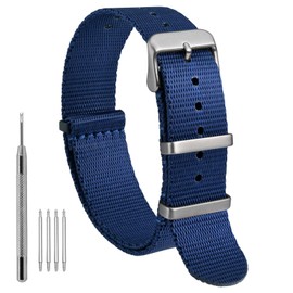 WOCCI 18mm Military Nylon Watch Strap, One-piece Nylon Band for Men and Women, Silver Buckle (Blue)