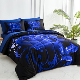 WONGS BEDDING Blue Comforter Set King 7 Pieces, Reversible Blue Rose Bed in a Bag, Lightweight Soft Microfiber Bedding Sets with Flat Sheet, Fitted Sheet, Pillowcases & Shams