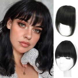 GHDXIWEYU 100% Human Hair Clip in Bangs,Women Fringe with Temples Curtain Flat Natural Black Bangs, Natural Curved French Bangs,Faux fake Bangs
