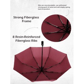 UK-UNIQUE Windproof Umbrella Windproof Travel Umbrella - Compact, Light, Automatic, Strong and Portable - Wind Resistant, Small Folding Backpack Umbrella for Rain - Men and Women (Burgundy)