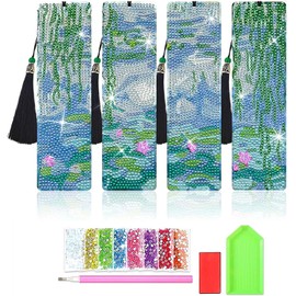 Diamond Painting Kits Bookmarks, 4 PCS Monet Water Lilies Diamond Art Acrylic Bookmarks with Tassel, Bookmarks Kits Gift for Reader Crafts Lovers