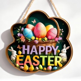 Happy Easter Wooden Door Wreath Decoration, Spring Bunny Door Sign, Flowers Egg Welcome Decoration, Farmhouse Rustic Door Sign Hanging for Front Door Home Wall Outdoor Porch Yard Party