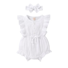 YOUNGER TREE Toddler Baby Girl Ruffled Sleeveless Romper Casual Summer Jumpsuit Cotton Linen Clothes (Button-White, 3-6 Months)