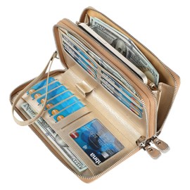 Lavemi Women's 100% Leather Wallets Large Capacity RFID Blocking Two Zippers Phone Holder Clutch Travel Purse(Two Zipper Champion Gold)