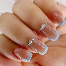 24Pcs Square False Nails Short, French Tip Stick on Nails Nude Blue Press on Nails, Fake Nails Set with Rhinestones Designs, Acrylic Full Cover Glue-on Nails for Women Girls