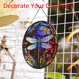 Dragonfly Stained Windows Hanging Suncatcher,Crystal Flower Stained Glass Suncatchers Window Ornament Stained Glass Panel Sun Catcher Wall Hanging Decor Birthday Gift