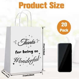 Enjamyo 20 Pcs Thank You Gift Bags,8.3 x 4.3 x 10.6 Inch Kraft Paper Bags With Handles Bulk,Gift Paper Bag for Employee Coworker Colleague Teacher Thank You for Being(White)