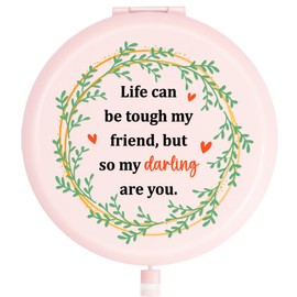 z-crange Friendship Gift Inspirational Pink Engraved Travel Makeup Mirror,Life Can Be Tough My Friend Compact Pocket Mirror for Friends Sister Girl Woman Birthday Graduation Thanksgiving Gifts C1187