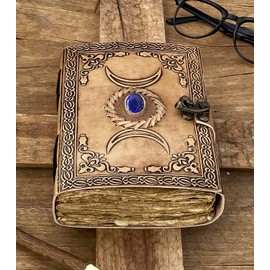 ALCRAFT Handmade Vintage Leather Journal with Semi Precious Stones Black Triple Moon Design 200 Pages (Vintag) (Vintag)