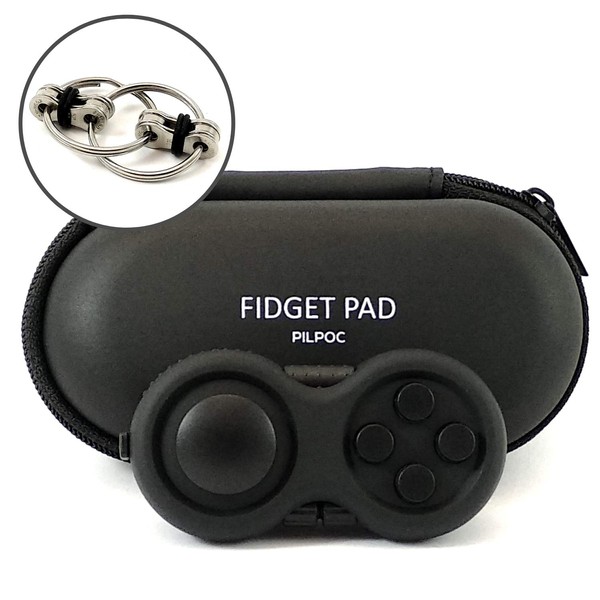 PILPOC Fidget Pad Controller - Premium Quality Fidget Controller Game Focus Toy, Smooth ABS Plastic with Exclusive Protective Case, Fidget Flippy Chain Included (Black & Black)