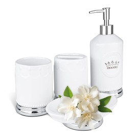 GARGENTOL Bathroom Accessory Set, 4 Pcs Ceramic Sets with Crown Motif, Toothbrush Holder, Soap Dispenser, Soap Dish, Tumbler Cup, Modern Bathroom Sink Set Vanity Countertop Decor, White and Silver