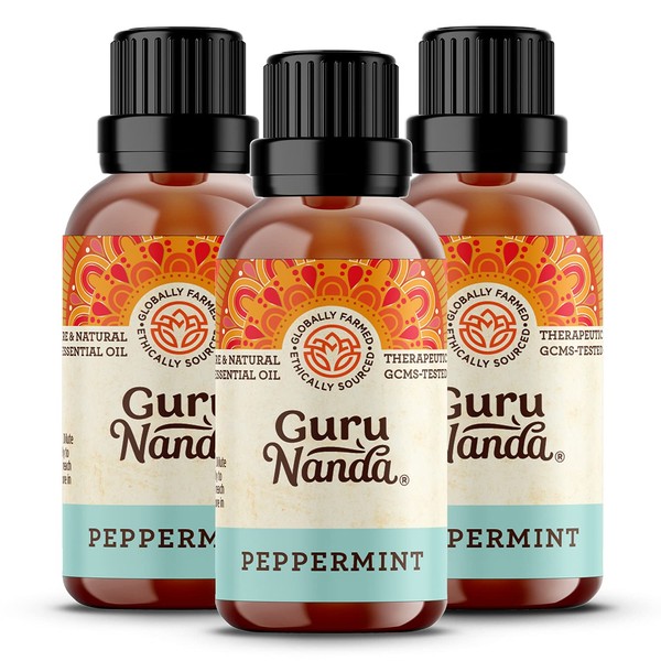 GuruNanda Peppermint Essential Oil - 100% Pure Therapeutic Grade, Premium Oil for Aromatherapy & Ease in Digestion - Promotes Mint Fresh, Healthy Breathing & Helps Relieve Stress (Pack of 3 x 1 Oz)