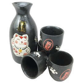 Japanese Maneki Neko Lucky Charm Cat Glazed Ceramic Black Sake Set Flask With Four Cups Great Asian Living Home Decor and Gift For Housewarming Special Friendship Eastern Decorative Party Set