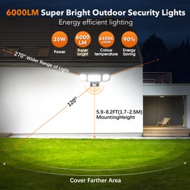 maxtachi LED Spotlight with Motion Sensor Outdoor 35 W, 6000 LM Super Bright Outdoor Spotlight with Adjustable 3 Heads with PIR Control and IP65 Waterproof Floodlight Applies to Garden Garage Gate