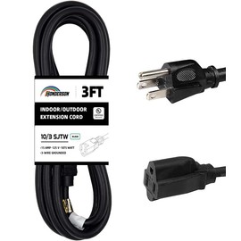 HONDERSON 3FT 10/3 Black Extension Cord, 10 Gauge SJTW Heavy Duty Extension Cable Waterproof, 3 Prong Grounded Plug for Safety - UL Listed
