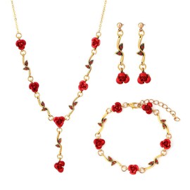Red Rose Necklace Earrings and Bracelet for Women 3 Pcs Set Red Rose Jewelry Rose Flower Pendant Necklace Red Rose Dangle Earrings Dainty Rose Bracelet Prom Wedding Party Jewelry Valentine Gifts
