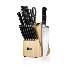 13 Piece Kitchen Knife Set - German Stainless Steel Kitchen Precision Knives Set w/ 6 Steak Knives & Bonus Scissors, Wooden Block Stand w/ Sharpener - Slicing, Chopping, Dicing - NutriChef NCKNS13