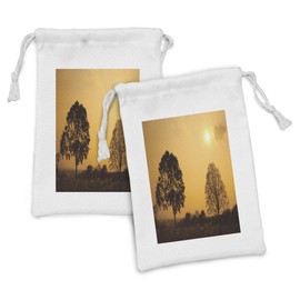 Ambesonne Tree Fabric Pouch Set of 2, Desert Tree on Sunset Sunny Hot Summer Day Savannah Horizon Scenery Picture Print, Small Drawstring Bag for Toiletries Masks and Favors, 9" x 6", Orange Brown