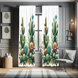 Ambesonne Cactus Window Curtains, Wilderness Theme Blooming Desert Flowers on Plain Backdrop Urban Jungle, Lightweight Decor 2-Panel Set with Rod Pocket, Pair of - 28" x 84", Fern Green Salmon White