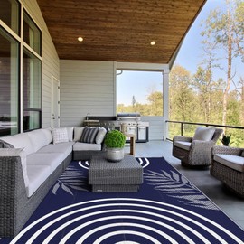 GENIMO Outdoor Rug 6' x 9' Waterproof for Patio Clearance, Reversible Lightweight Plastic Straw Camping Carpet, Large Area Rugs Mats for Rv, Backyard, Deck, Porch, Picnic, Balcony, Mix-Blue & White