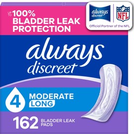 Always Discreet Adult Incontinence Pads for Women, Moderate Absorbency, Long Length, Postpartum Pads, 162 Count (Packaging May Vary)