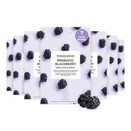 Vitamasques Probiotic Blackberry Face Sheet Mask 7 Pack - Korean Skin Care Facial Mask Rebalances & Repairs Skin with Multi Molecular Hyaluronic Acid - Natural & Biodegradable