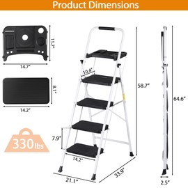 JungleA Step Ladder 4 Step Folding with Tool Tray, Wide Non-Slip Pedal and Sturdy Steel Construction Step Stool, 330 lbs Portable Ladders for Home, Attic, Office & Garage, White