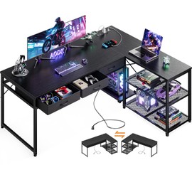AODK 61 Inch L Shaped Computer Desk with Drawers, Corner Desk with Power Outlets & Reversible Storage Shelves, Movable CPU Stand for Home Office Gaming, Black