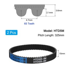 QUARKZMAN Pack of 2 HTD-5M rubber toothed belt, 65 teeth, 325 mm pitch length x 15 mm width x 3.6 mm height, closed loop groove belt