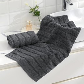 sense gnosis Grey Hand Towel Set of 2 Soft Ribbed Striped Jacquard Pattern 100% Cotton Absorbent Luxury Decorative Towel for Bathroom 13 x 29 Inch