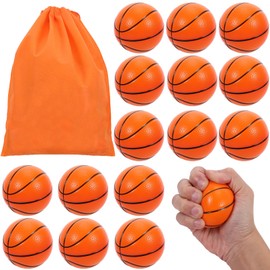 Preocea 15 Pcs Mini Basketball Stress Balls, 6.3cm Mini Basketballs for Kids, Small Foam Sports Balls, Basketball Stress Relief Squeeze Ball with Drawstring Bags for Party Favor Classroom Reward