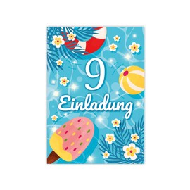 Minkocards 12 Invitation Cards with 12 Envelopes 9th Children's Birthday Swimming Pool Swimming Boys Girls Invitation Ninth Birthday