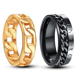 NUNCAD Spinner Rings for Men Women Black Gold Stainless Steel Ring Set Cuban Men Engagement Rings Twisted Chain Rings Size P 1/2