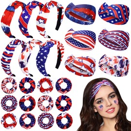 Jexine 12 Pcs Patriotic Headband American Flag Hairband 4th of July Red Blue Twisted Hair Warps Memorial Day Bow Knotted Headband with 12 Elastic Hair Scrunchies for Independence Day Women Girls