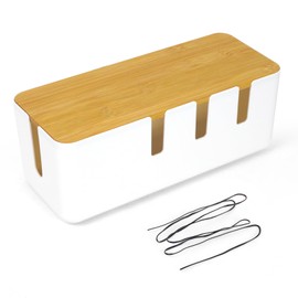 Cable Management Box, Cable Tidy Box with Bamboo Lid, 30x12x11CM Desk Cable Organizer Box for Office Home, Large Cables Organised Box for Hiding Power Strips and Electrical Cords