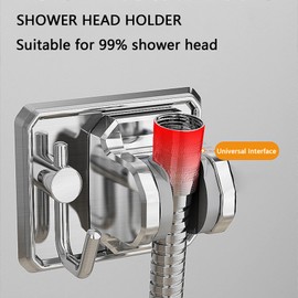 Shower Head Holder with Hook - Strong Adhesive Waterproof Handheld Shower Holder, Adjustable Wand Holder for RV, Kids, Bathroom - No Drilling (Silver)