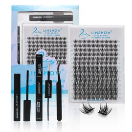 LinShow Lash Clusters Kit Mix 9-16mm Volume Soft Natural Cluster Lashes DIY Individual Eyelash Extensions Kit With Seal Bond Remover Easy Self Application (TBQ, C Curl Mix 9-16mm)