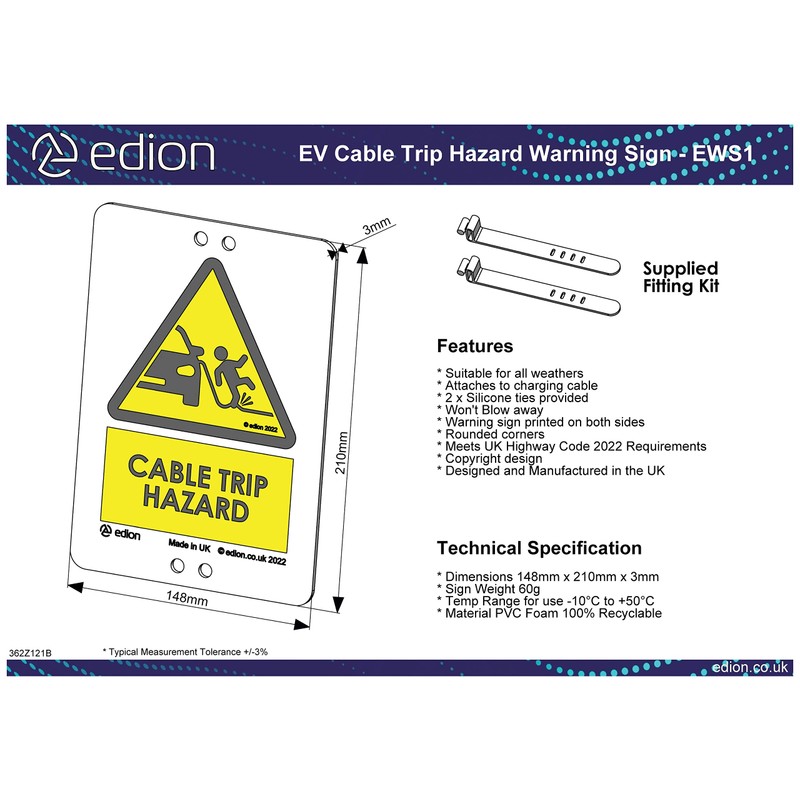 Edion EV Cable Trip Hazard Warning Sign – Attaches to