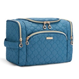 Marvolia Travel Toiletry Bag for Women - Quilted Makeup Bag Wide-open Cosmetic Bag with Multiple Pockets Travel Bag for Toiletries Essentials Accessories(Medium) - Haze Blue