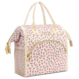 Lunch Bag Women Insulated Lunch Box Wide-Open Lunch Tote Bag Large Drinks Holder Durable Nylon Thermal Snacks Organizer for Men Adults Work Picnic Hiking Beach Fishing, Red Flower