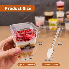 200 Pack Mini Dessert Cups with Spoons and Lids, 5 Oz Square Mini Clear Parfait Cups, Shooters Cups for Party, Clear Yogurt Parfait Cups for Pudding, Fruit, Mousse, Snacks & Appetizers