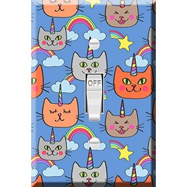 Toggle Wallplate, Single Light Switch Cover Plate - Cat Unicorn Rainbow Pattern