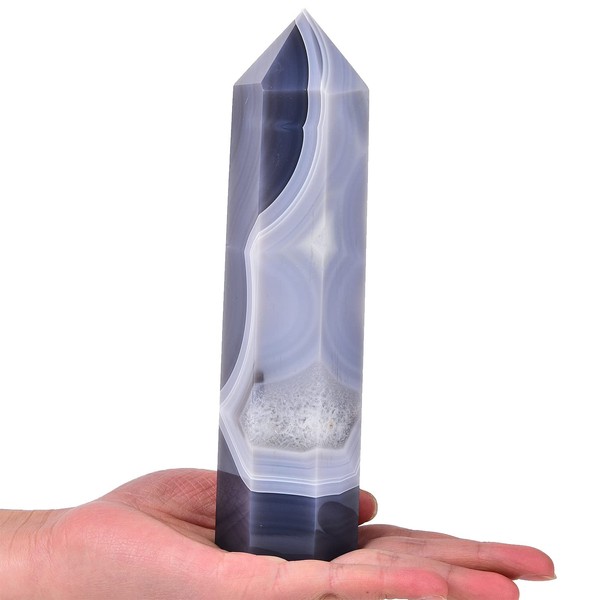 AMOYSTONE Agate Stone Obelisk Large Healing Crystal Wand Tower 6 Faceted Column Reiki Chakra Meditation Therapy Striped Agate1.1-1.7lbs